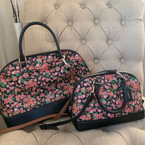 COACH sierra F57622 floral satchel bag set of two pink black large and medium - Picture 1 of 12